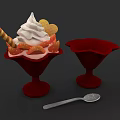 Creamy Ice Cream with Whipped Cream Cookies and Fruit Slices in Red Bowls and Spoon