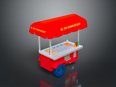 Red Food Cart With Red Canopy Yellow Lettering Display Counter And Wheels 3d model