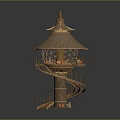 Bamboo Tower Structure With Spiral Staircase Multi Level Platforms Conical Roof And Decorative Lanterns