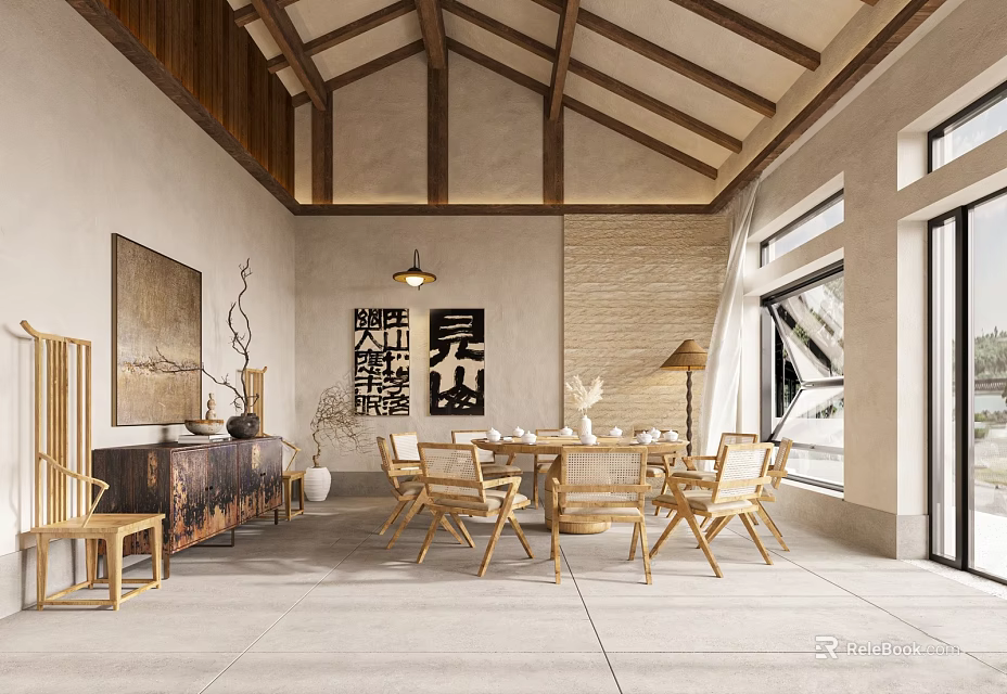 Hotel Public Lounge Area With Wooden Roof Chinese Style Decor Wooden Furniture And Natural Light 3d model 