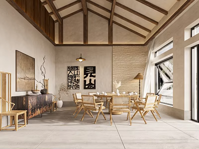 Hotel Public Lounge Area With Wooden Roof Chinese Style Decor Wooden Furniture And Natural Light 3d model