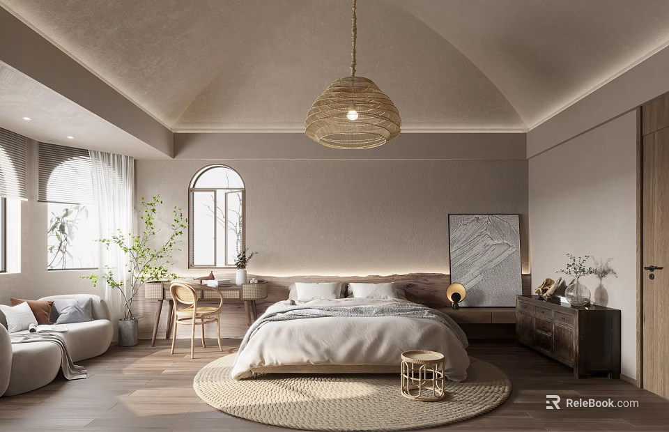 Cozy Bedroom With Arched Ceiling Woven Pendant Light White Bed Linens Rug And Wooden Flooring 3d model 