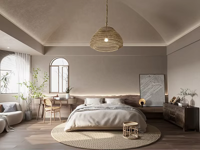 Cozy Bedroom With Arched Ceiling Woven Pendant Light White Bed Linens Rug And Wooden Flooring 3d model