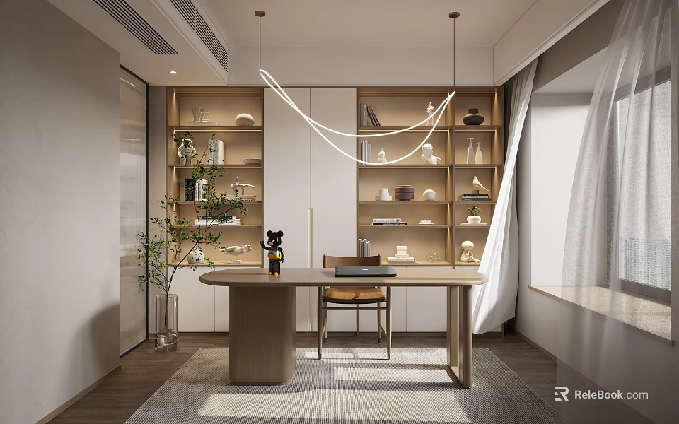 Modern Study Room Interior With Built In Shelves Desk And Plants 3d model