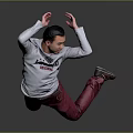Man Kneeling Arms Raised Behind Head In Grey Green Print Top Red Pants Grey Background