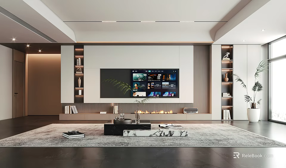 Modern TV Background Wall Design With Built In Shelves White Panel And Flat Screen TV 3d model 