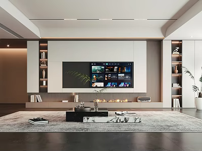 Modern TV Background Wall Design With Built In Shelves White Panel And Flat Screen TV 3d model