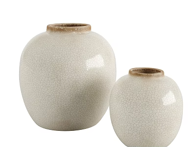 Pair of Beige Crackled Glaze Ceramic Vessels With Brown Rimmed Design 3d model
