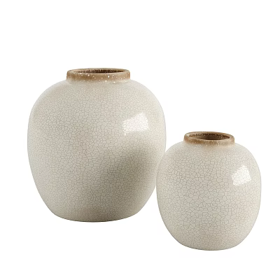 Pair of Beige Crackled Glaze Ceramic Vessels With Brown Rimmed Design 3d model