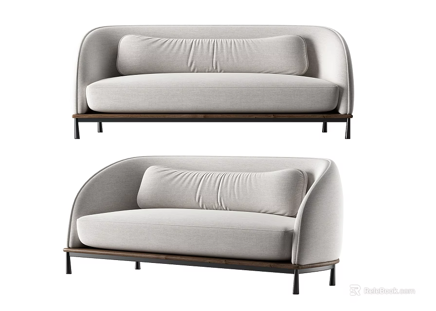 Contemporary Light Gray Fabric Double Sofa With Soft Cushions Curved Backrest And Metal Legs 3d model 