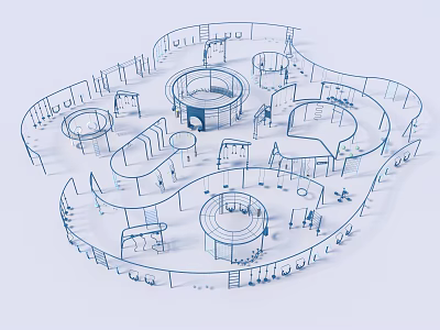 Illustrated Sports Equipment Layout Design Featuring Circular Structures And Curved Paths 3d model