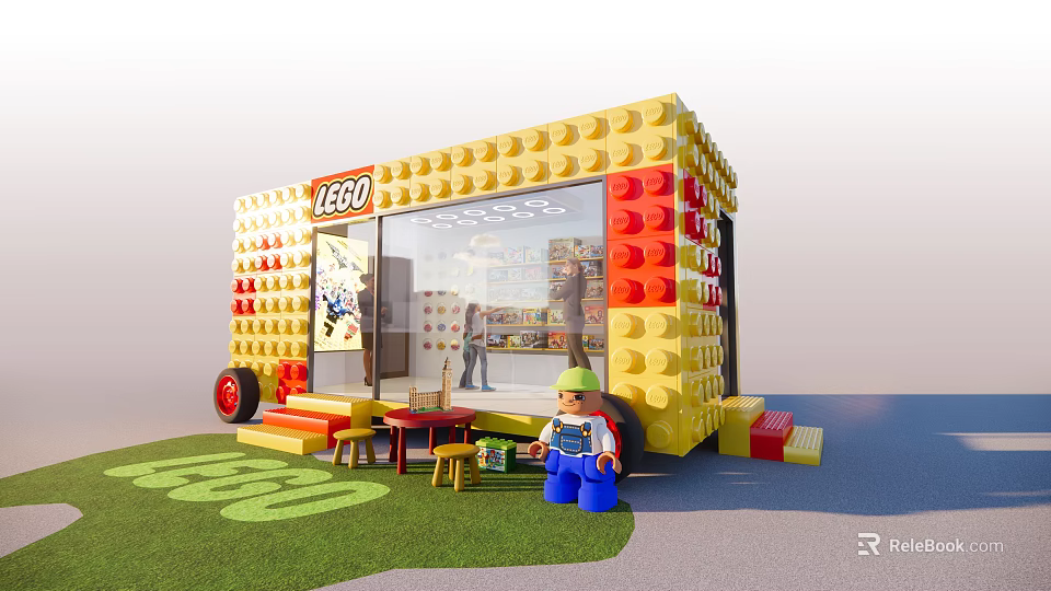 LEGO Themed Yellow Brick Cabin Featuring Transparent Windows Minifigure Tables Chairs On Grass With 560 3d model 