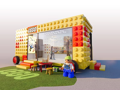 LEGO Themed Yellow Brick Cabin Featuring Transparent Windows Minifigure Tables Chairs On Grass With 560 3d model