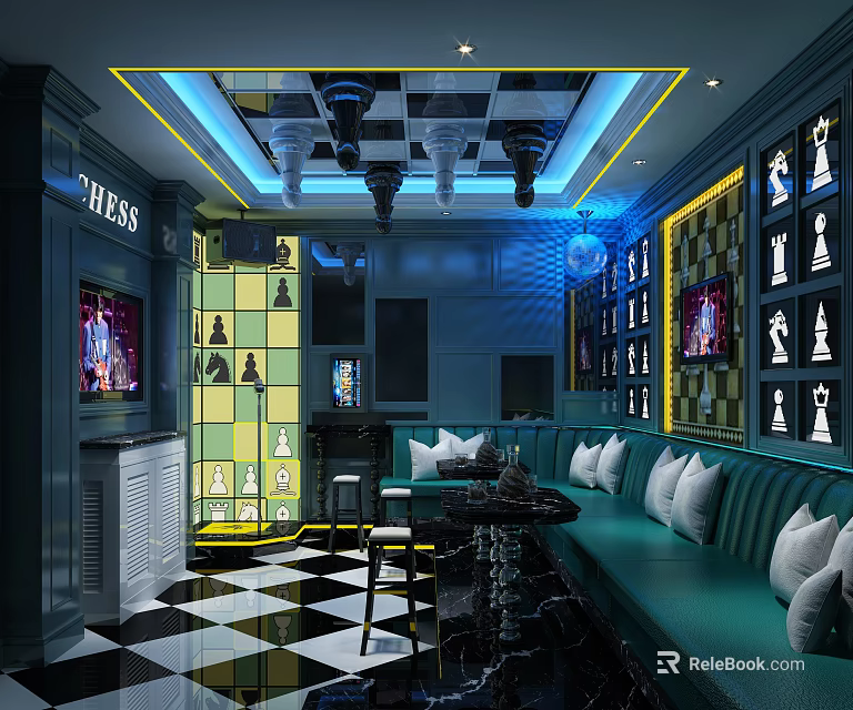 Chess Themed KTV Interior With Blue Green Decor Checkerboard Floor Chandeliers And Sofas 3d model 