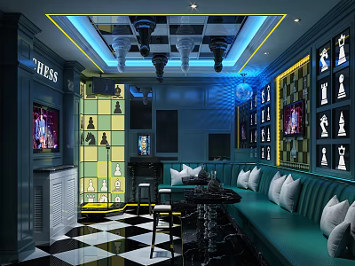 Chess Themed KTV Interior With Blue Green Decor Checkerboard Floor Chandeliers And Sofas 3d model