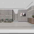 Modern Waiting Area With Comfortable Sofas Decorative Paintings Recessed Lighting And Reception Desk