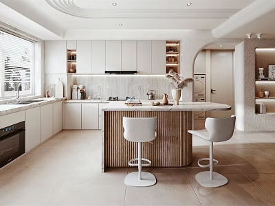 Modern Minimalist Kitchen Interior With White Cabinets Island And Bar Stools 3d model