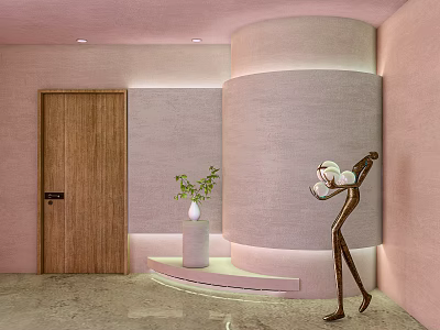 Elegant Entryway Hallway With Pink Walls Wooden Door White Vase Green Plant And Brown Sculpture 3d model