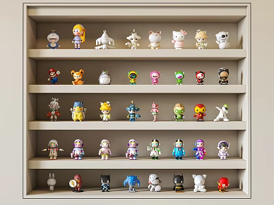 Colorful Toy Figures Arranged Neatly On Multiple Wooden Shelves For 3d model