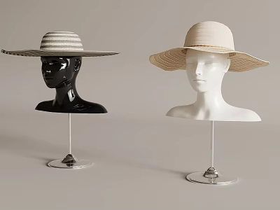 Wide Brim Straw Hats Displayed on Black and White Mannequin Heads with Transparent Stands 3d model