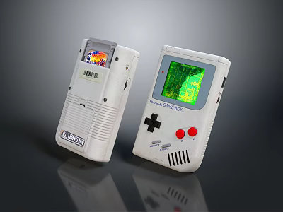Two Vintage White Handheld Computer Devices With Green Screens And Control Buttons 3d model