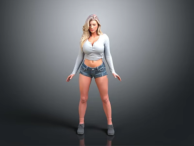 A Blonde Woman In Gray Long Sleeve Top And Denim Shorts Standing With Hands Open 3d model
