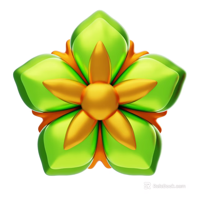 Decorative Vibrant Green Petaled Flower With Golden Center And Orange Accents 3d model 