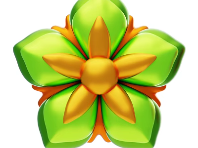 Decorative Vibrant Green Petaled Flower With Golden Center And Orange Accents 3d model