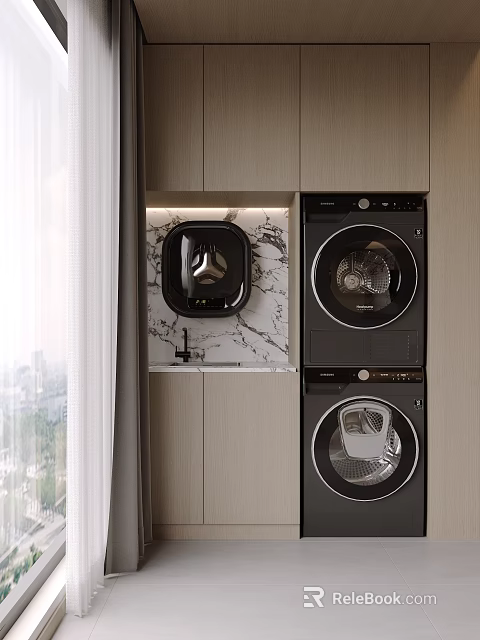 Modern Bathroom Cabinet With Elegant Marble Backdrop And Wooden Storage Design 3d model 