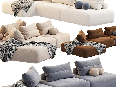 Stylish Sectional Sofa In Beige Brown Gray With Soft Pillows And Cozy Blankets 3d model
