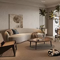 Modern Cream Curved Sofa And Wooden Coffee Table Combination For Cozy Minimalist Neutral Living Room