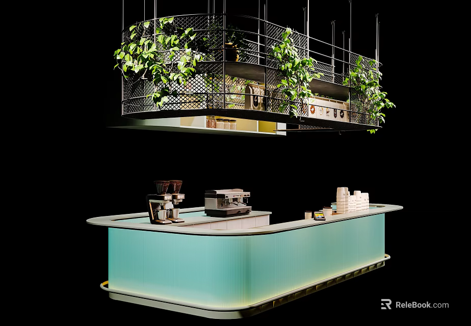 Modern Bar Counter Interior With Hanging Green Plants And Lighting Structure 3d model 