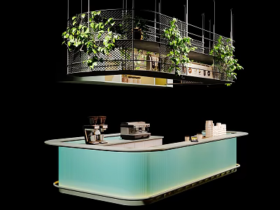 Modern Bar Counter Interior With Hanging Green Plants And Lighting Structure 3d model