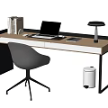 Modern Wooden Desk With Laptop Books Lamp Gray Chair And Black Legs