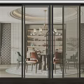 Stylish Glass Sliding Door With Black Frame In Modern Dining Room With Table And Bookshelf