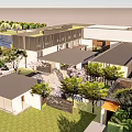 Modern Building Exterior With Waterfront Green Landscape Trees And Pathway