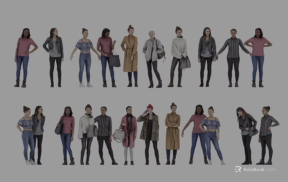 Diverse Group of People in Different Casual Outfits and Various Standing Poses 3d model 