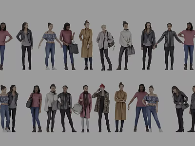 Diverse Group of People in Different Casual Outfits and Various Standing Poses 3d model