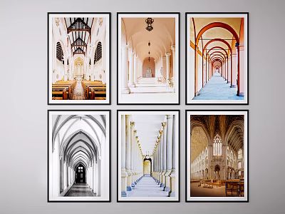 Collection of Six Interior Architectural Landscape Paintings With Arches Corridors and Columns 3d model