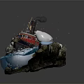 Red Wooden Boat With Smoking Chimney Surrounded By Icebergs And Seal