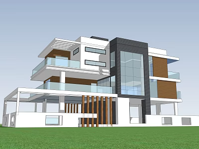 Modern Detached Villa With Glass Facade Balconies And Wooden Accents On Lawn 3d model