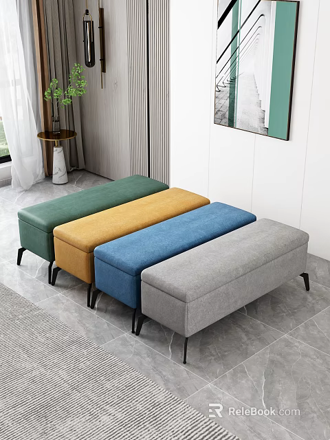 Stylish Modern Home Interior With Green Yellow Blue Gray Storage Ottomans 3d model 