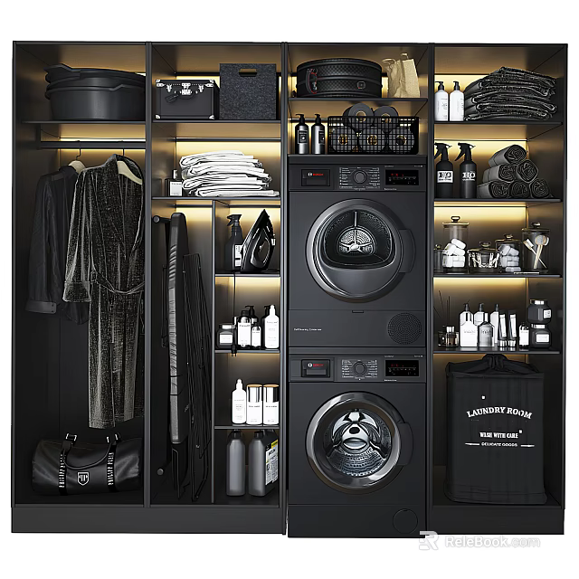 Organized Bathroom Cabinet Rack With Storage Shelves Washing Machine Dryer And Laundry Supplies 3d model 