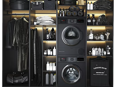 Organized Bathroom Cabinet Rack With Storage Shelves Washing Machine Dryer And Laundry Supplies 3d model