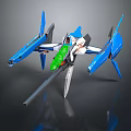 Detailed Blue White Sci Fi Model Aircraft Featuring Green Accents And Long Weapon