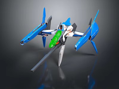 Detailed Blue White Sci Fi Model Aircraft Featuring Green Accents And Long Weapon 3d model