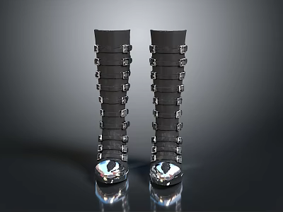 Black Knee High Boots With Multiple Silver Buckles And Shiny Soles 3d model