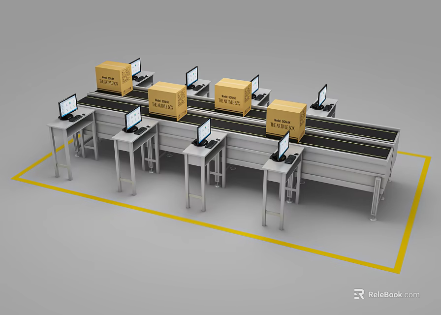 Functional Worktables With Computers And Cardboard Boxes On Conveyor Belt System 3d model