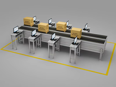 Functional Worktables With Computers And Cardboard Boxes On Conveyor Belt System 3d model