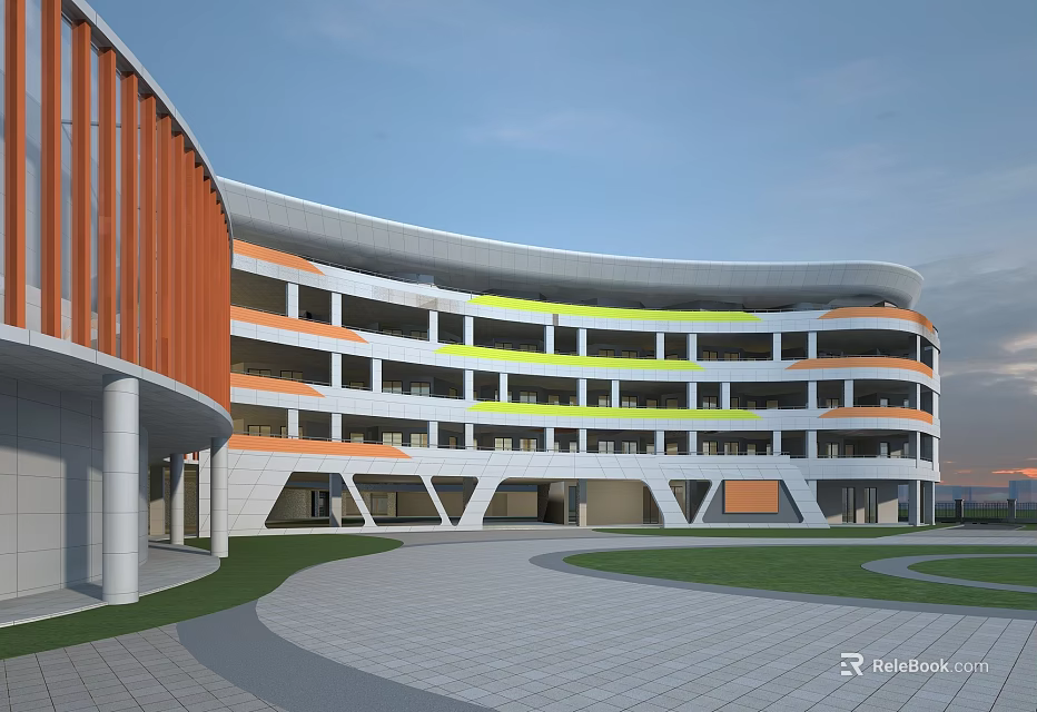 Modern Multi Story School Building With Colorful Facade And Campus Lawn Area 3d model 